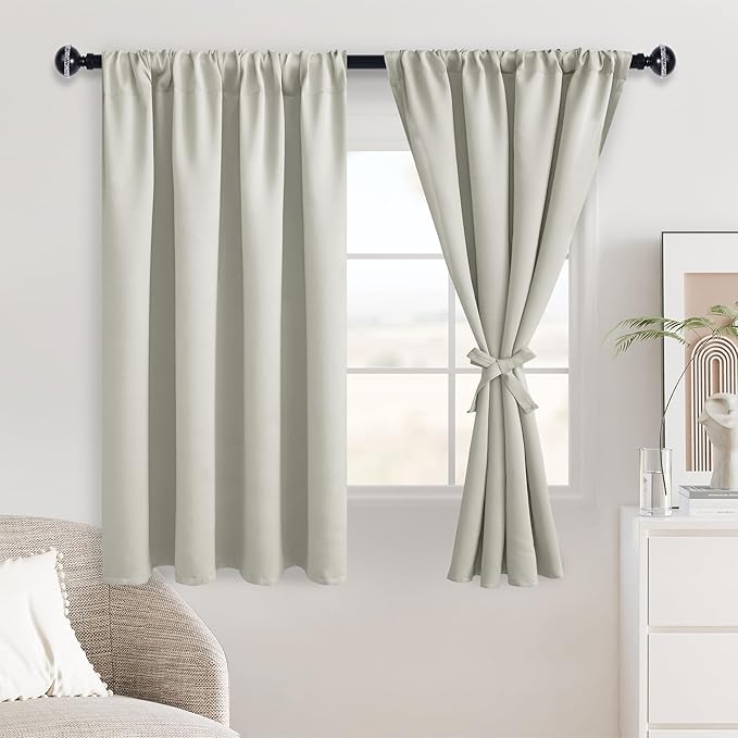 JIUZHEN Blackout Curtains for Bedroom - Thermal Insulated Room Darkening Noise Reducing, 52 x 45 Inch Length Curtains for Living Room, Set of 2 Panels with Tiebacks, Ivory