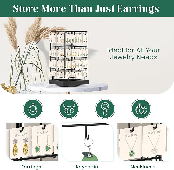 EsLuker.ly Rotating Earring Display Holder Stand for Vendors Events Selling, Large Capacity 64 Hooks Jewelry Rack with Wooden Base for Earring Card Sales, Enhances Retail Visibility
