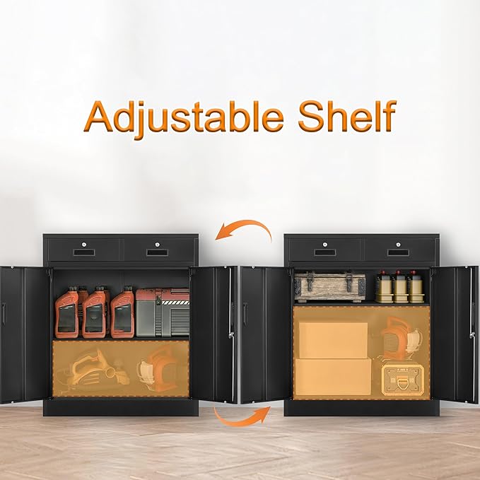 Metal Storage Cabinet, 36" H Locking Storage Cabinet with 2 Drawers and Adjustable Shelf, Metal Cabinets for Office, Garage, Home-Black
