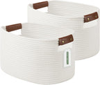Cotton Rope Basket, Storage Baskets with Handle, 15x10x9 Inch Woven Basket for Shelves, Laundry, Towels, Clothes, Books (White 2Pack)