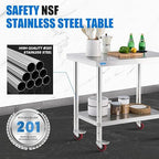 Stainless Steel Table for Prep & Work with 4 Caster Wheels with Undershelf 30 x 36 NSF Metal Commercial Kitchen Adjustable Under Shelf Worktable for Restaurant Home Outdoor