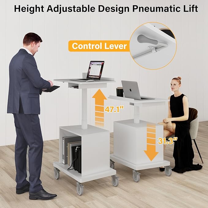 Natwind Mobile Workstation, Rolling Laptop Cart with Large Surface & Pneumatic Height Adjustable Design, for Medical Hospital Clinics, Office Presentation, Teachers Podium, with Drawer & Open Cabinet