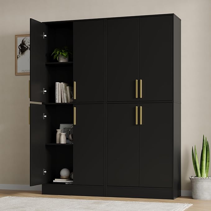 71" Tall Pantry Cabinet, 4 Doors Kitchen Pantry Storage Cabinet, Freestanding Larder Cupboard, Kitchen Hutch with Gold Handles for Dining Room, Bathroom, Black