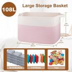 XXXL Large Blanket Basket, 108L Cotton Rope Storage Basket for Living Room, Supre Large Toy Baskets for Kids, Woven Basket for Clothes, Towels, Pillows, 25" x 16" x 16", Pink and White