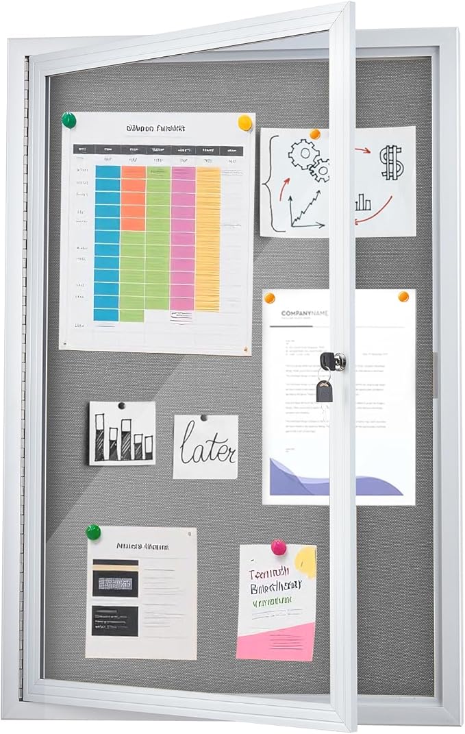 Enclosed Bulletin Board 36"x24" Outdoor Weatherproof Cork Noticeboard with Locking Door Wall-Mounted Gray Fabric Silver Aluminium Frame for Home, School, Office, Community, Hospital