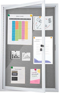 Enclosed Bulletin Board 36"x24" Outdoor Weatherproof Cork Noticeboard with Locking Door Wall-Mounted Gray Fabric Silver Aluminium Frame for Home, School, Office, Community, Hospital