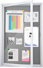 Enclosed Bulletin Board 36"x24" Outdoor Weatherproof Cork Noticeboard with Locking Door Wall-Mounted Gray Fabric Silver Aluminium Frame for Home, School, Office, Community, Hospital