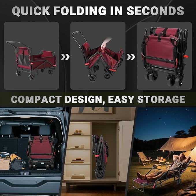 LEVELEVE Heavy Duty Folding Wagon - 2-in-1 Collapsible Cart, 400lb Capacity, All-Terrain Wheels w/Brakes & Side Pockets