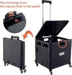 Folding Utility Cart Portable Rolling Crate Handcart Shopping Trolley Collapsible Tool Box, with Lid, Basket on 4 Rotate Wheels, for Grocery, Office, Luggage, Teacher (Black)