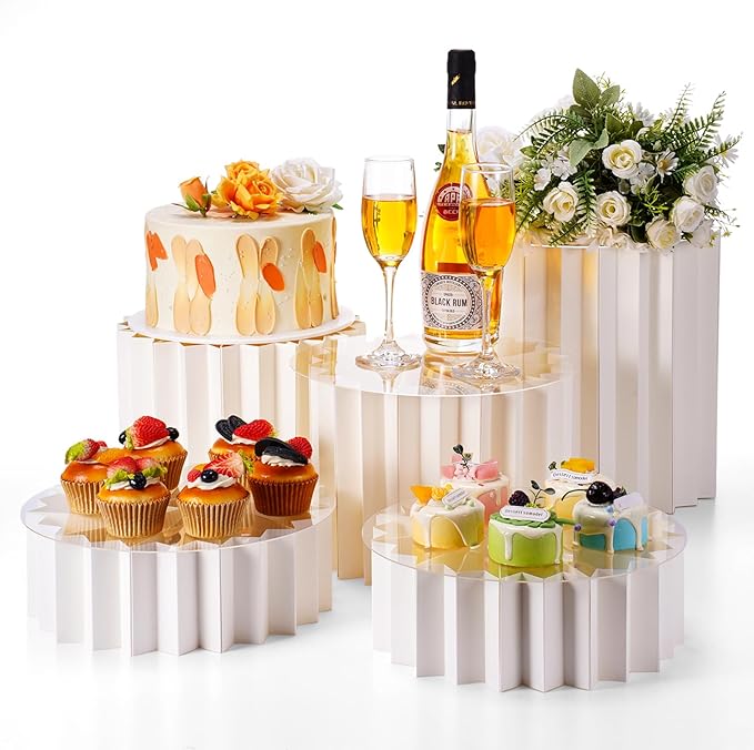 Capoda 5 Pieces Large Buffet Risers - 12" Foldable Food Display Risers, Multi-Height Cardboard Cylinder Stands with Acrylic Plates for Party Table Dessert Cupcake Catering Supplies(White)