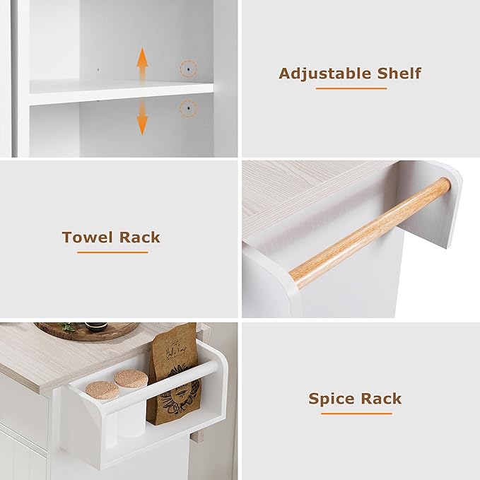 51" Moveable Kitchen Island with Trash Can Storage Cabinet, Kitchen Cart with Drop Leaf, Spice Rack, Towel Rack and Drawer, Rolling Kitchen Island on 5 Wheels with Adjustable Shelf,White