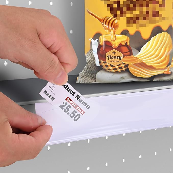 Shelf Label Strips, Pro Painter 25 Pack Self Adhesive 1.5”H Shelf Strip Price Tag Holder for Plastic, Metal and Wood Gondola Shelf, Clear Plastic Front/White Back Sign Holder for 48” Long Shelf