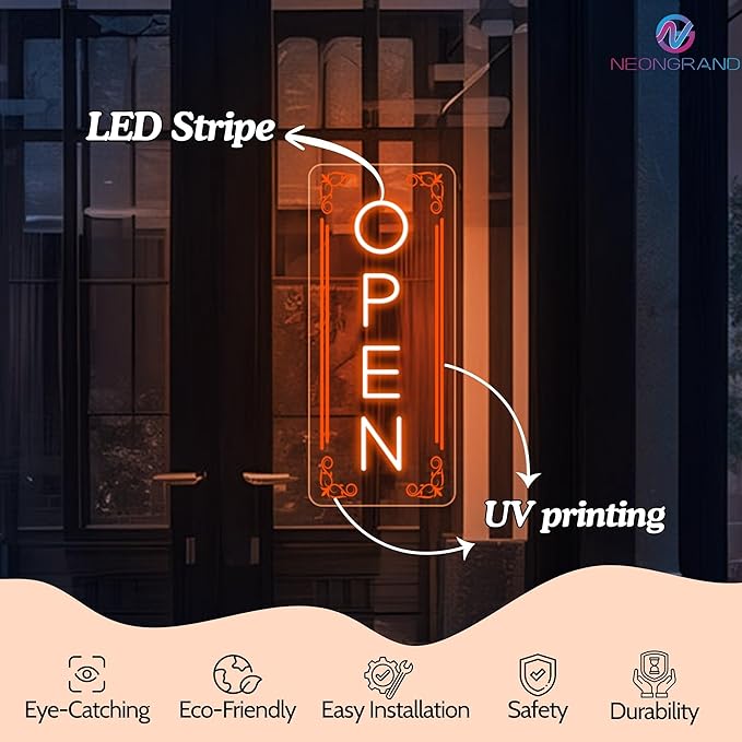 Vertical LED Open Signs for business – Super Bright - UV Printing Pattern, Remote Included - Large Size 12x30'' - Neon Open Sign for Café, Bar, Shop & Business Sign (Orange)