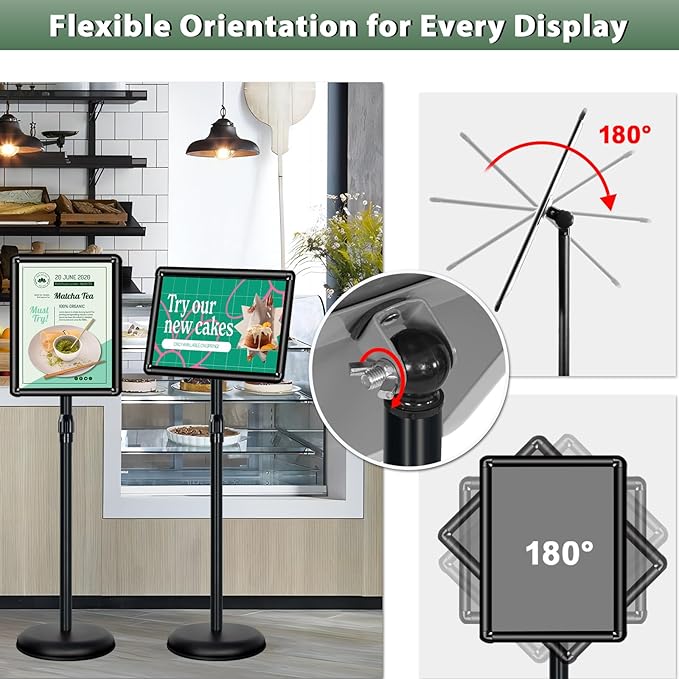 11x17 inches Poster Stand Holder Adjustable Pedestal Floor Standing Sign Holder Vertical and Horizontal View Sign Display, Aluminum Snap Open Frame with Safety Corner, Black