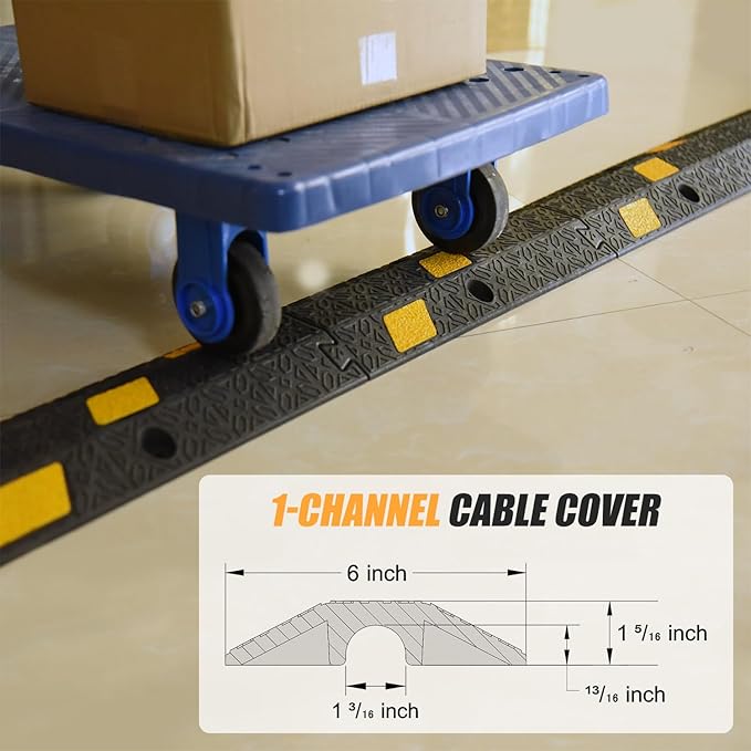 6 Pack 1-Channel Rubber Cable Protector Ramp, 17" x 6" x 1.3" inch Interlocking Floor Wire Cord Cable Cover, Visible at Night, Durable Rubber Speed Bump Hump Ramp (1-Channel 6 Pack)