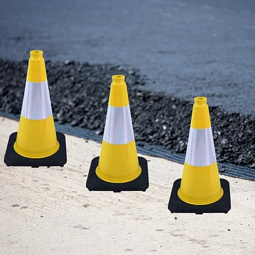 6 Pack 18 Inch Yellow Traffic Cones with Reflective Bands, Durable Black Base Cones for Factory Safety, Loading Zones and Parking Guidance (6, Yellow, 18 Inch)