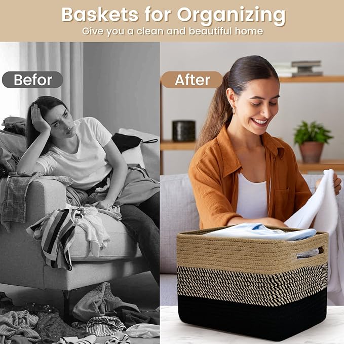 3 Pack Shelf Woven Storage Basket, Closet Rope Baskets For Organizing, 15 x 10 x 9” Square Bins with Handles, Black+Brown