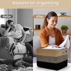 3 Pack Shelf Woven Storage Basket, Closet Rope Baskets For Organizing, 15 x 10 x 9” Square Bins with Handles, Black+Brown