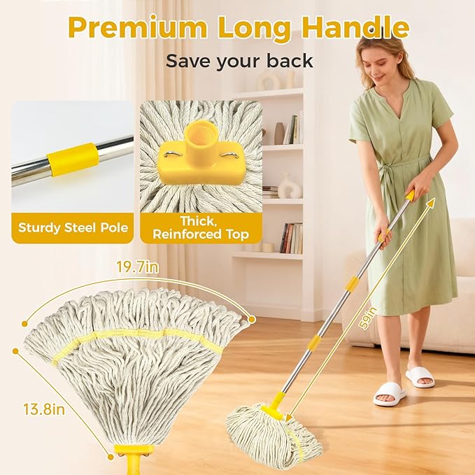 String Wet Mop for Floor Cleaning,Industrial Cotton Mop with Long Handle, Regular Mops for House Kitchen Bathroom Garage Office Hardwood Concrete Tile Floors,Yellow