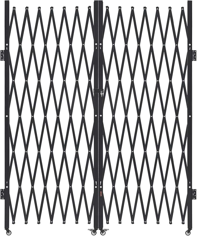 VEVOR Double Folding Security Gate, Lockable Scissor Gate with 360° Swivel Casters, Outdoor Barricade Steel Retractable Gates, for Entry Security, Garage, Warehouse & Pool, 145.67 x 86.81 in (W x H)