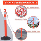 OrangeStar 6 Packs Traffic Delineator Post Cones, 40" Safety Barrier with 6.6 Ft Link Plastic Chains, Crowd Control Stanchion Sets w/Rubber Base for Parking Lot, Road Work, Queue Management, Red