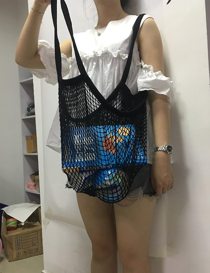 Portable Reusable Mesh Cotton Net String Bag Organizer Shopping Tote Handbag Fruit Storage Shopper NEW (black02)