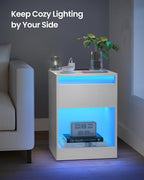 VASAGLE LED Nightstand with Charging Station, Adjustable Light Colors, 2 AC Outlets, 2 USB Ports, Bedside Table, Side Table with Drawer, Modern, 13.8 x 15.7 x 21.7 Inches, Cloud White ULET618T14V1