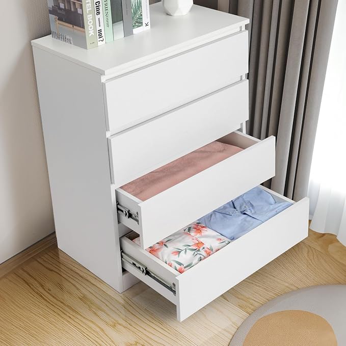 Dresser for Bedroom, Modern Wood Dresser Chest of Drawers, No Handle Storage Cabinet for Girls, Anti-Tipping Device, Living Room, Home Office, Hallway Organizer (White, 4 Drawers)