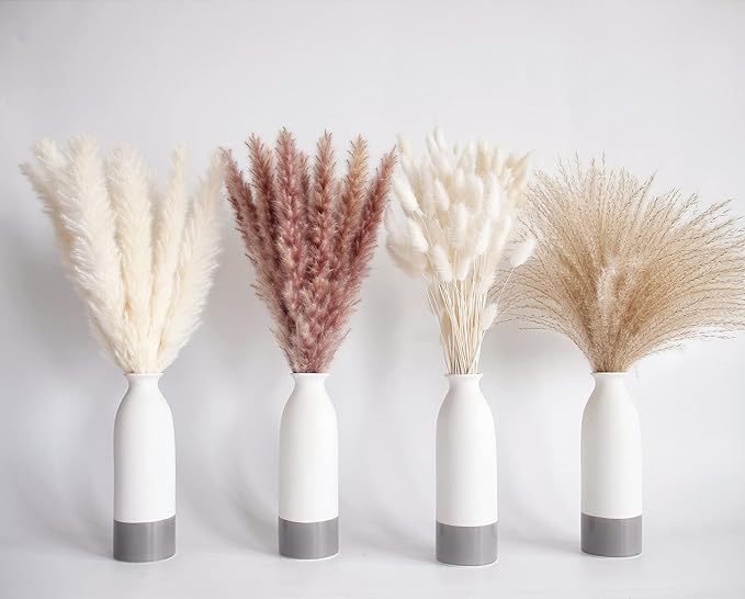 Natural Dried Pampas Grass Decor, 100 PCS Pampas Grass Contains White Bunny Tails Dried Flowers, Reed Grass Bouquet for Wedding Boho Flowers Home Table Decor, Rustic Farmhouse Party (17”)