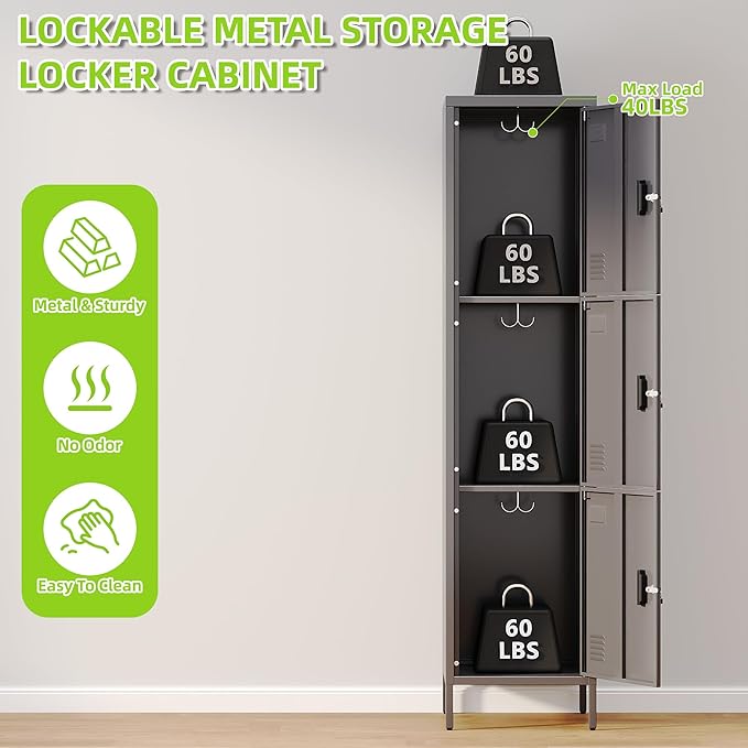 Aobabo 16" W 3 Door Metal Storage Locker with Lock, 66" H Steel Locker with Name Card Holder and Metal Hook for School, Home, Office, Playroom, Assembly Required, Dark Grey