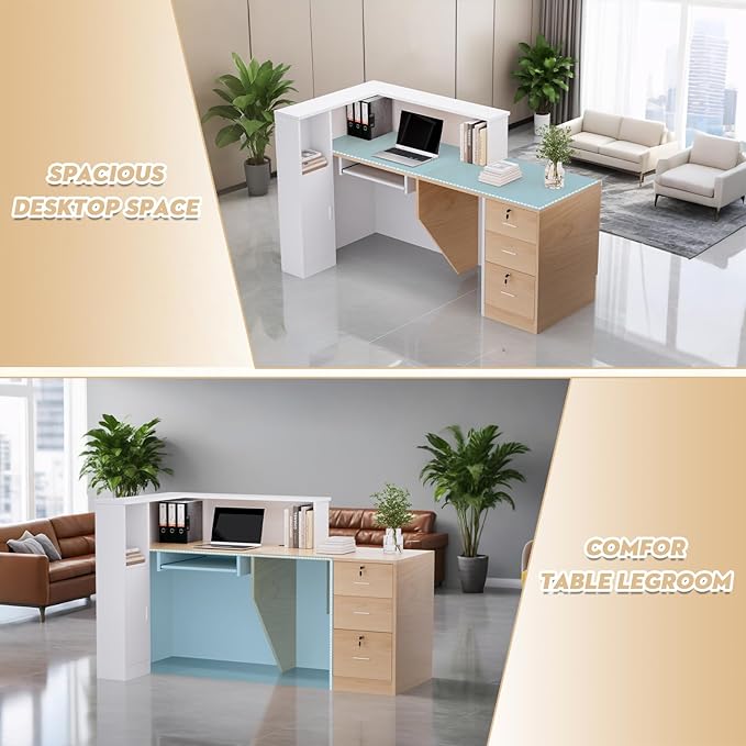 L-Shaped Modern Reception Desk with Counter & Storage - 71" Large Office Front Desk, Salon Checkout Counter with Lockable Cabinets, Shelves (Oak & White, Right - 71''L x 34''W x 41''H)