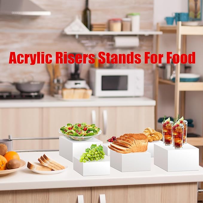 Clisela 3pcs Acrylic Cube Display Stands Box Risers with Hollow Bottoms, Food Risers for Buffet Table, Decorative Display Stand Shelf for Dessert Collectibles Jewelry Figures Show - White 6" 7" 8"