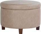 Homepop Home Decor | Upholstered Faux Leather Round Storage Ottoman | Ottoman with Storage for Living Room & Bedroom, Taupe Brown