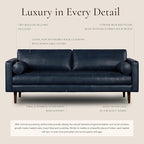 Poly & BARK Napa 88.5" Leather Sofa – Full-Grain Italian-Tanned Aniline Leather, Feather-Down Comfort, Solid Wood Frame, Walnut Legs, Midnight Blue