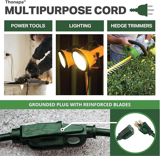 13 Amp Outdoor Extension Cord 6 ft, 16/3 SJTW 6ft Green Extension Cord 3 Prong, Weatherproof for Outdoor Lights, Landscaping & Lawn - US Veteran Owned