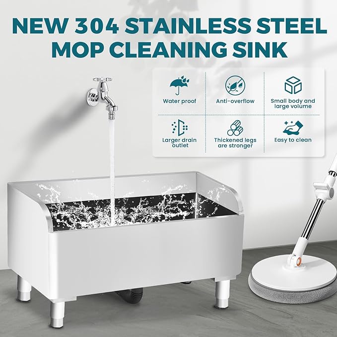Commercial Mop Sink 304 Stainless Steel Floor Sink with Deep Basin, Anti-Splash Design & Quick Drainage Heavy-Duty Mop Service Basin for Kitchen, Laundry, Garage, Restaurant (31.5''×16.1''×21.6'')
