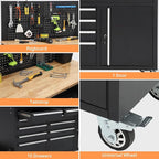 Rolling Tool Chest, 61 in Garage 10 Drawers Workbench Storage Tool Cabinet with Solid Rubber Wood Top, Power Strip, 1675 LBS Load Mobile Workstation, Heavy Duty Rolling Cabinet, Black