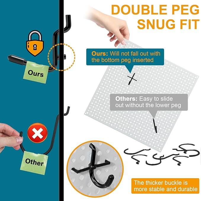1/4 Inch Extra Thick Pegboard Hooks,Only Suitable for 1/4" Pegboard Board,Metal Pegboard Hooks for Hanging Storage (All Black, 60pcs L Hook)