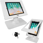 Pyle Anti Theft Tablet Security Stand - Table Mount Desktop Ipad Kiosk Stand w/Lock and Key Mechanism, 90° Rotate 75° Tilt - iPad, iPad Air, iPad Pro, Samsung Galaxy Tab A (2021) PSPADLK18, White