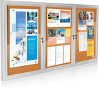 Enclosed Outdoor Bulletin Board Weatherproof 3 Doors Noticeboard with Locking Door, 70x36 Inch Wall-Mounted Message Board for Announcements & Notices
