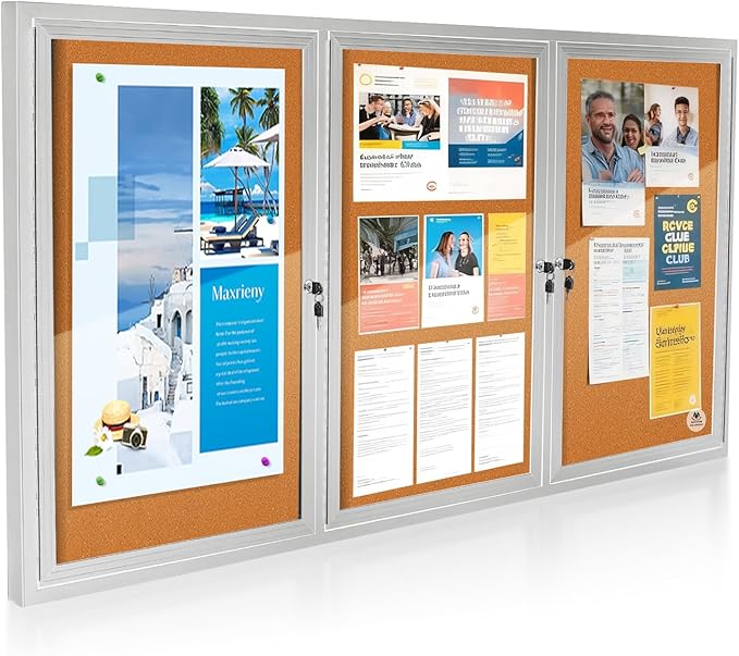Enclosed Outdoor Bulletin Board Weatherproof 3 Doors Noticeboard with Locking Door, 70x36 Inch Wall-Mounted Message Board for Announcements & Notices