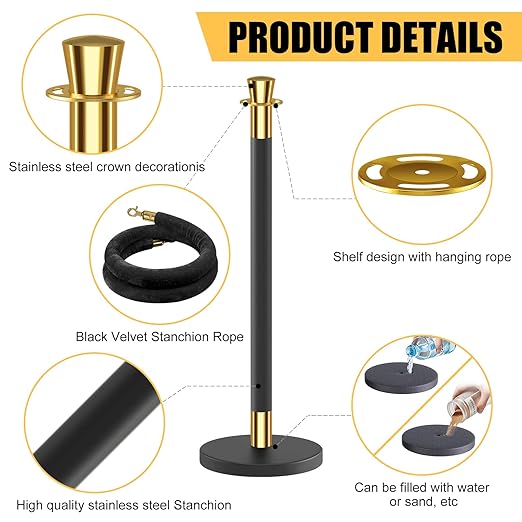 kaiyomi 6Pcs Stanchions with Black Velvet Ropes Set, 5 Feet Velvet Ropes and Posts Poles for Red Carpet Party Decoration and 360° Photo Booth (Golden & Black)
