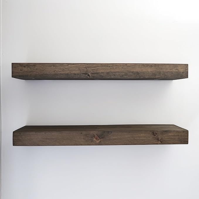 Urbandi Modern Floating Shelves 3 Inches Thick for Wall, Wide Shelves for Kitchen, Living Room, Bedroom, and Bathroom, Natural Pine Wood, Rustic Wooden Shelf, (Set of 2) (Jacobean, 24Lx3Hx8D)