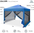 MFSTUDIO 10'x10' Pop Up Canopy Tent with Netting, Portable Instant Folding Canopy, Outdoor Canopy Screen Event Tent with 4 Zippered Mesh Netting for Garden, Blue