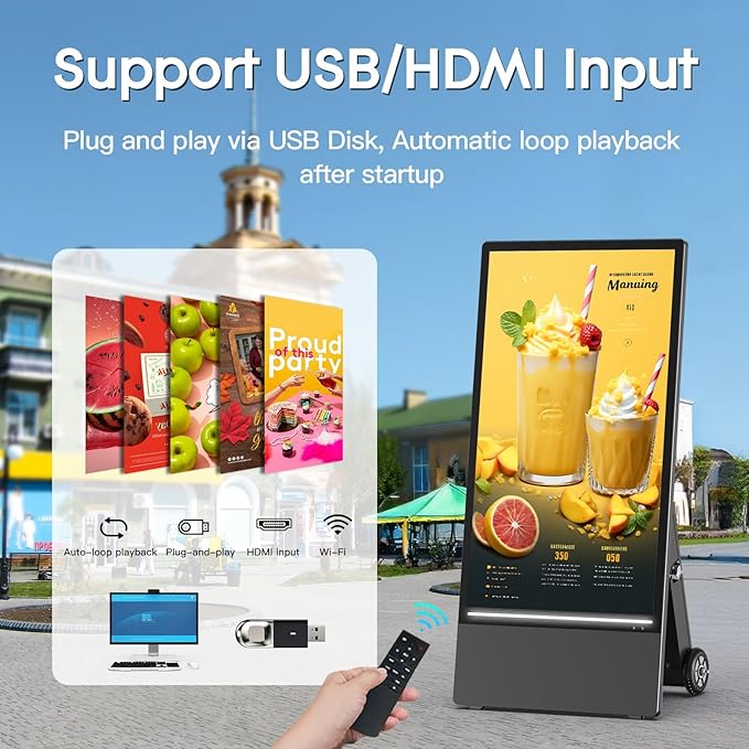 MWE 43 Inch Outdoor Digital Signage Display, Portable Battery Powered High Brightness Screen Advertising Display Kiosk, Movable Waterproof Standing Poster, Android OS