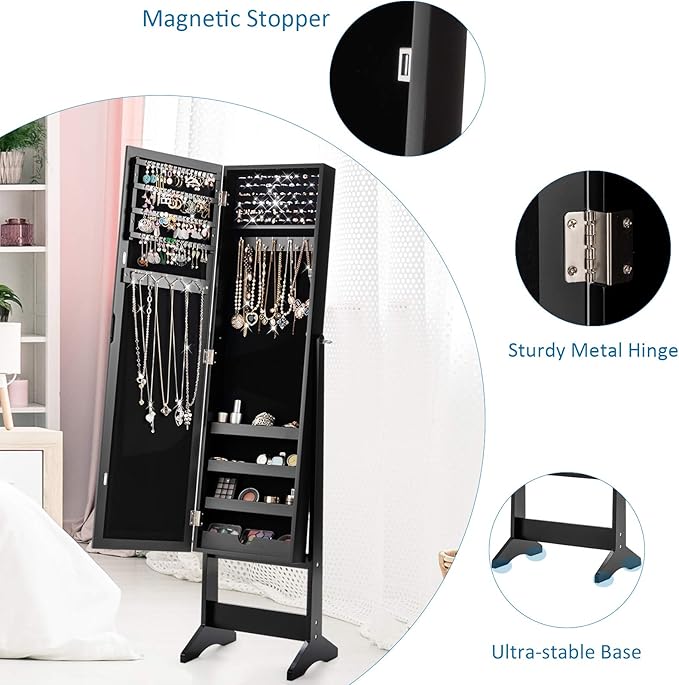 Giantex Jewelry Cabinet with Full-Length Mirror, Standing Jewelry Armoire Organizer with 64 Earring Slots, 72 Ring Slots, 20 Necklace Hooks, 4 Storage Shelves, 3 Angle Adjustable (Black)