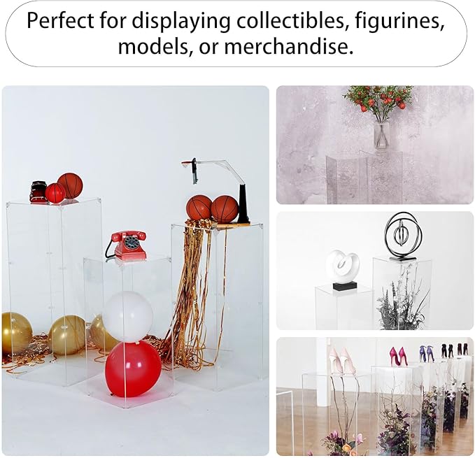 Vincidern 3pcs Acrylic Square Pedestal Stand for Party, Clear Lucite Display Pedestal for Flowers, Sculptures, Cake, Wedding, Events, Art Gallery, Party Decor 31.5*11.8''(L), 27.6*11.2''(M), 23.6*10.2''(S)