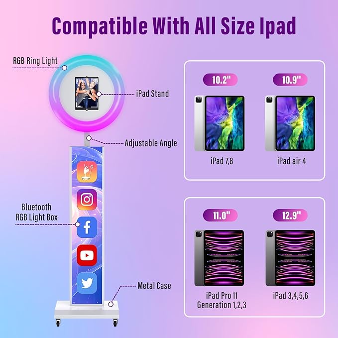 JIYANG Portable Photo Booth Compatible with Any Ipad,Large Lightbox Ipad Photo Booth for Renting,Free Photo Booth Props,Software APP Control Ring Light (White, Large Light Box)