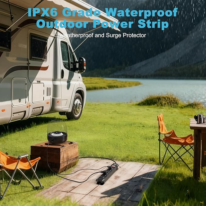 IPX6 Outdoor Power Strip Weatherproof,6 Outlet Metal Surge Protector Wall Mountable for Camping,Garden & Home,Heavy Duty 6FT ETL Certified Waterproof Extension Cord