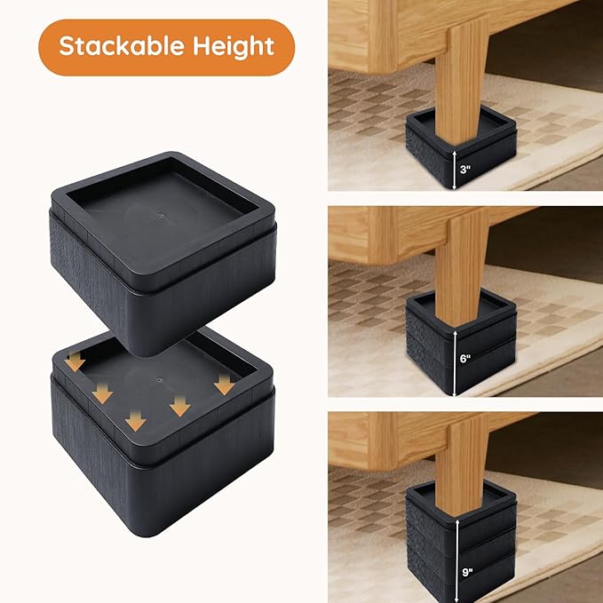 Bed Risers, Oversized Furniture Risers Fit Up to 5.5" Legs, 3 inch Raise Blocks for Bed Couch Desk Sofa Table Lifts, Furniture Legs Lifters Support up to 6000 Lbs (Black, 4 Pack Set)